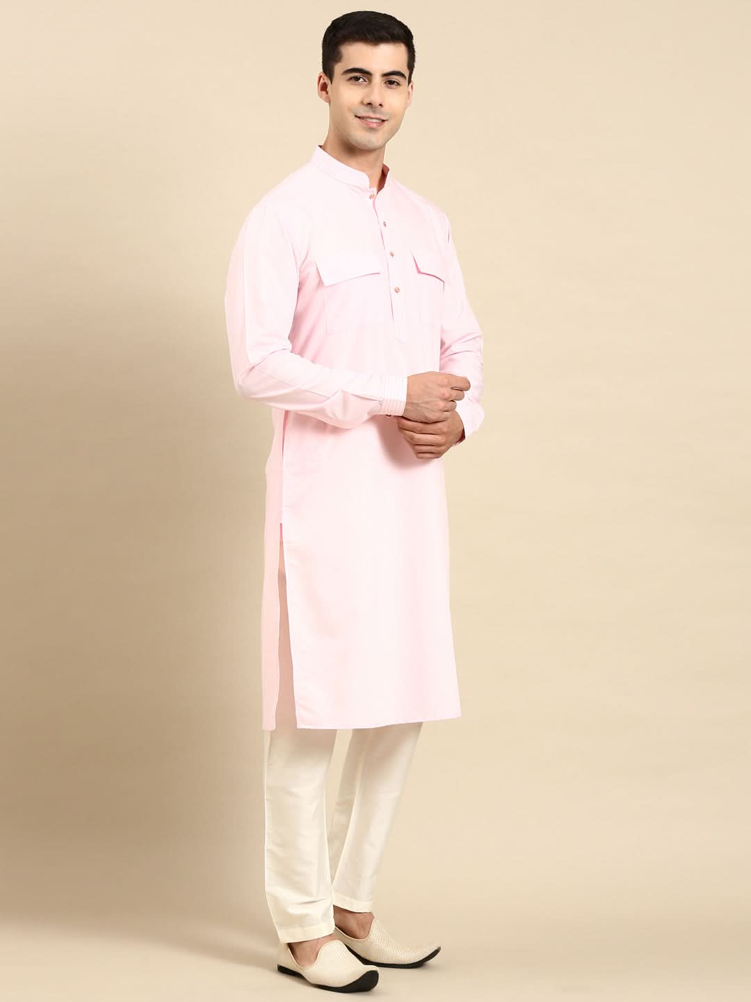 Light Pink Cotton Pathani Kurta Set with Patch pocket