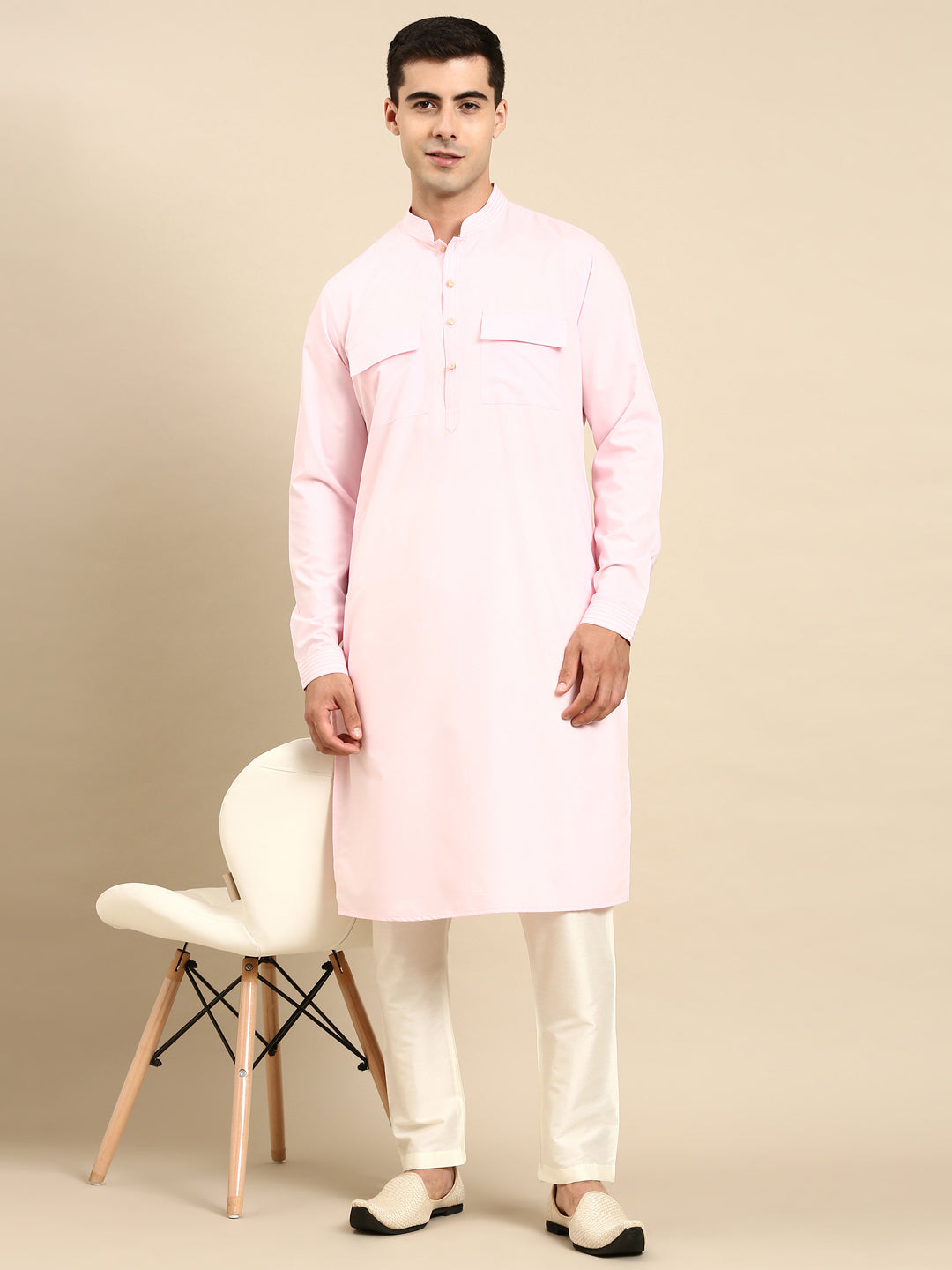 Light Pink Cotton Pathani Kurta Set with Patch pocket