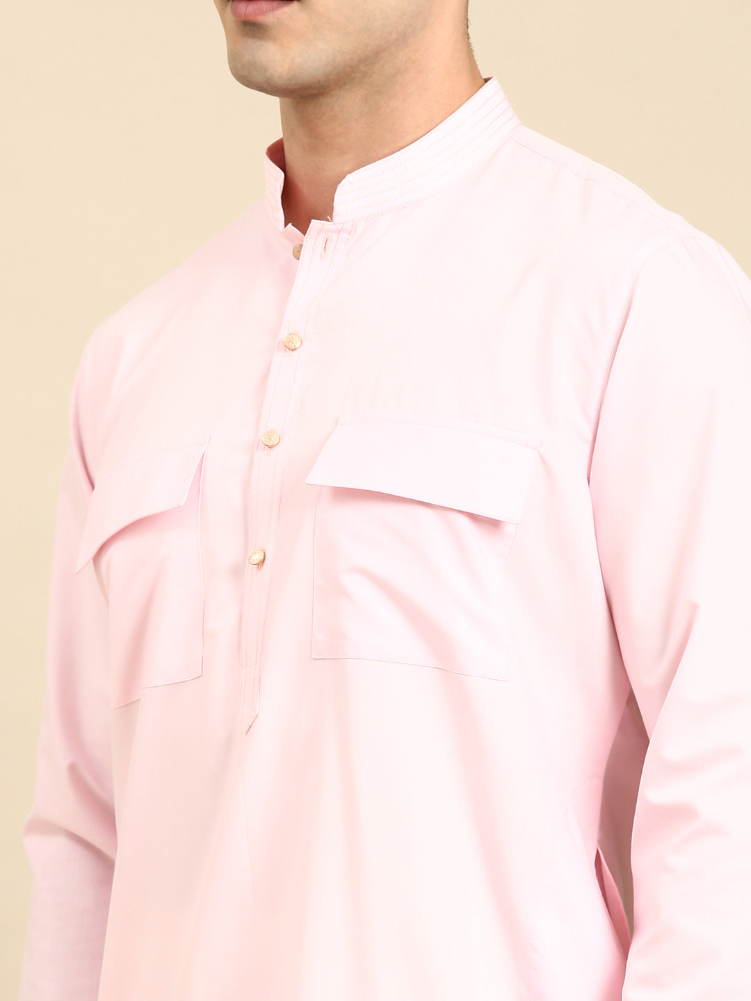 Light Pink Cotton Pathani Kurta Set with Patch pocket