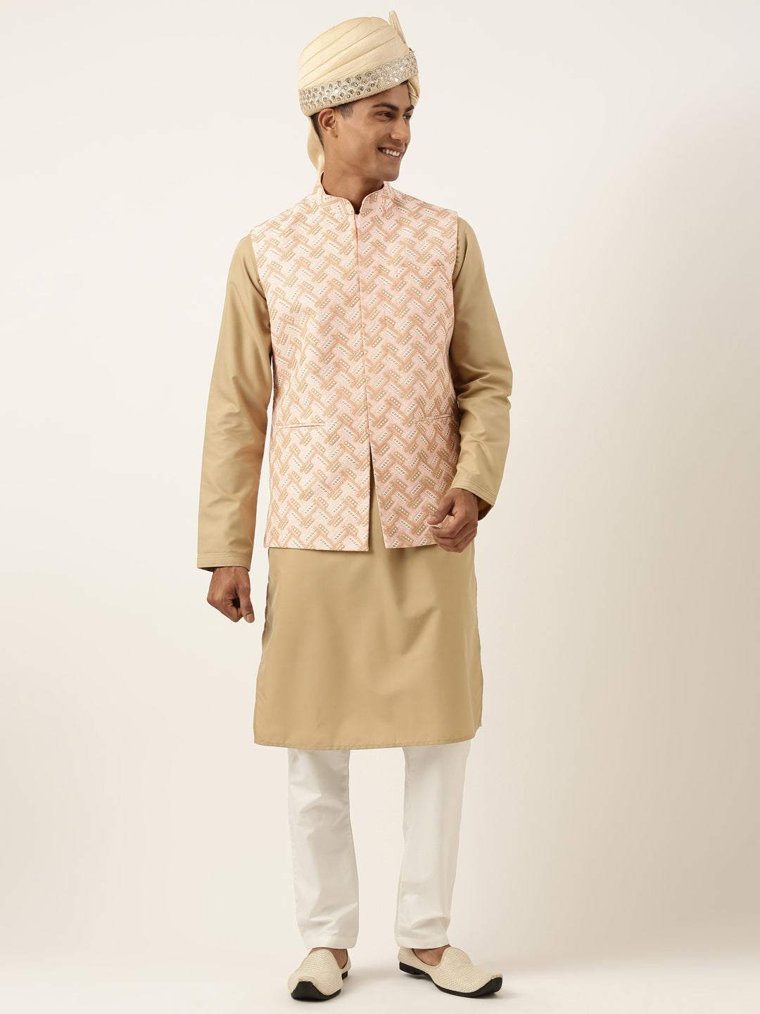 Peach Chikankari Jacket Kurta Set