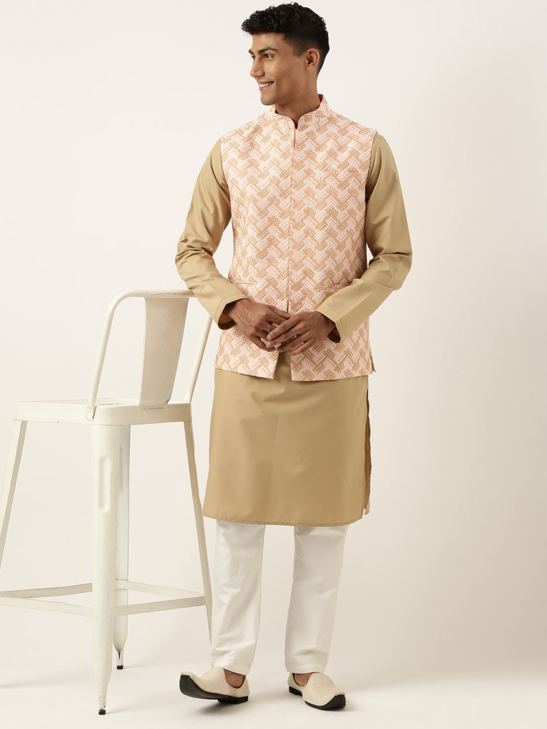 Peach Chikankari Jacket Kurta Set