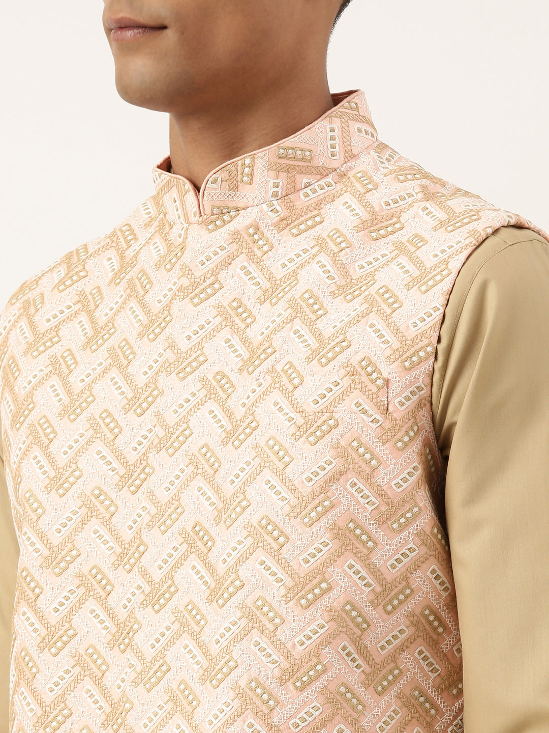Peach Chikankari Jacket Kurta Set