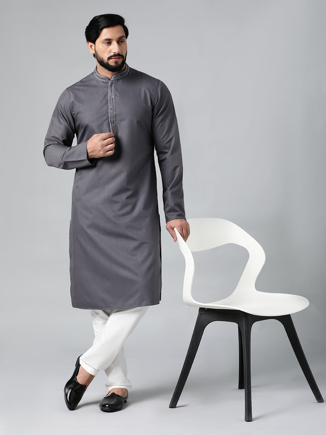 Grey Cotton Dori Embroidered Kurta Set