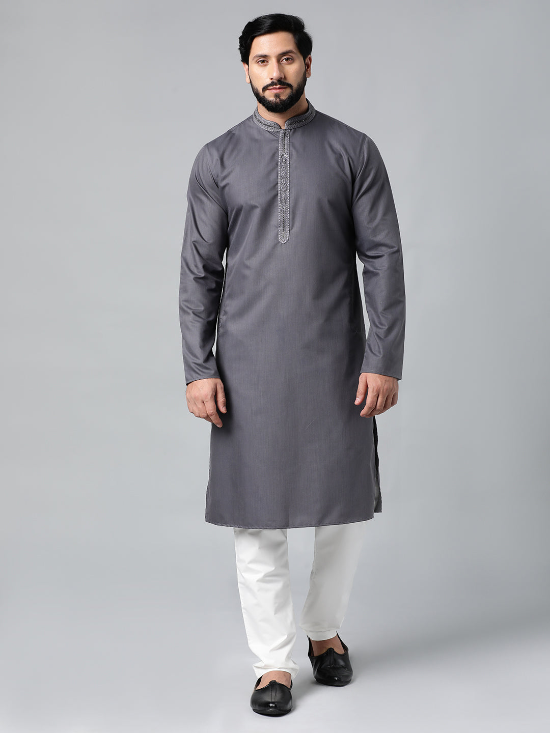 Grey Cotton Dori Embroidered Kurta Set