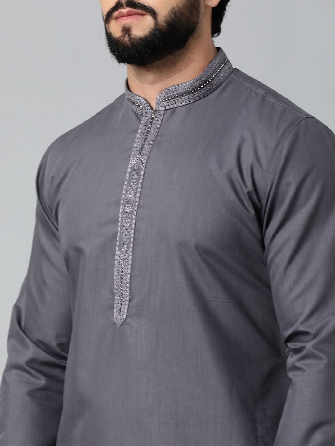 Grey Cotton Dori Embroidered Kurta Set