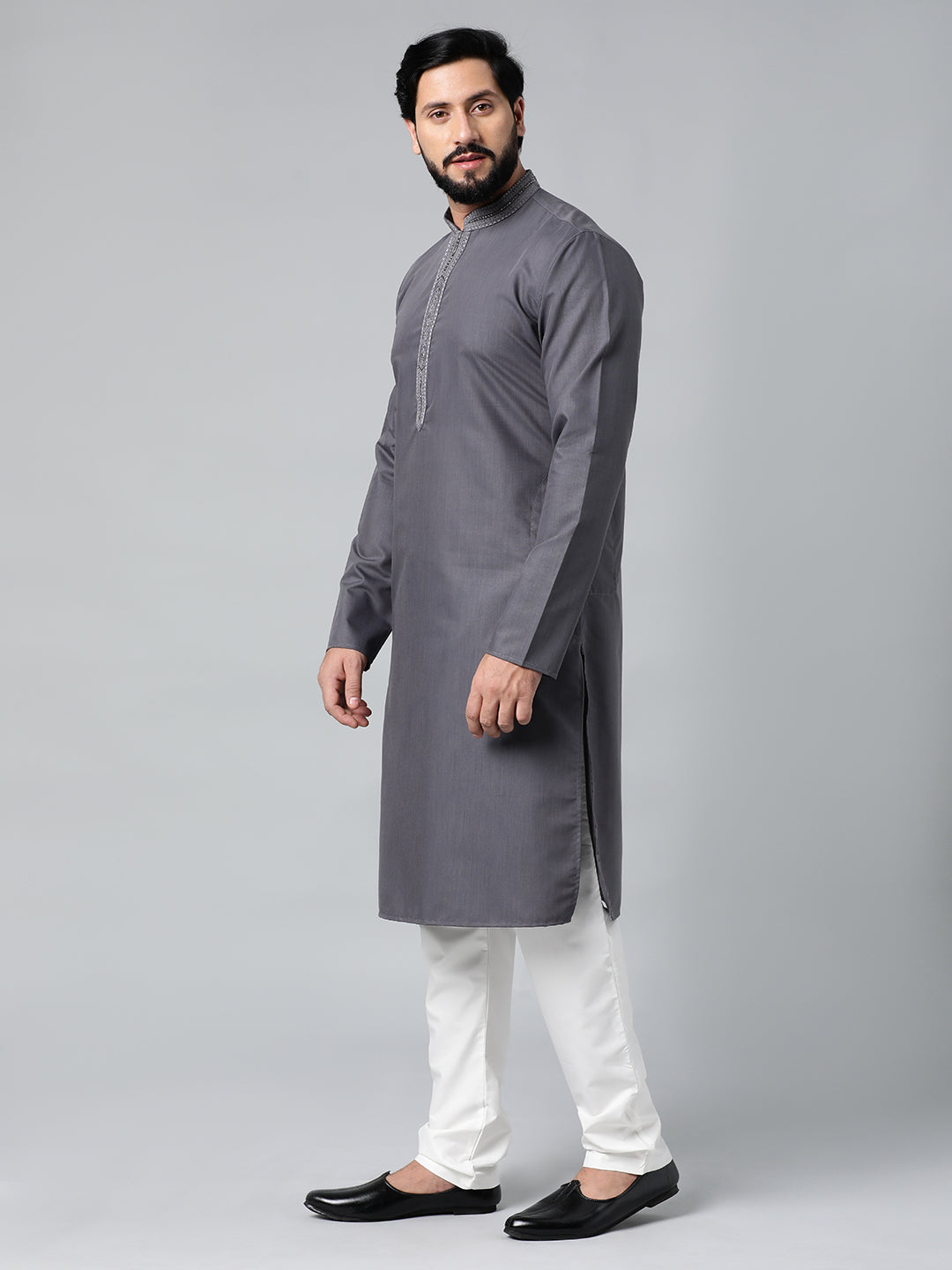 Grey Cotton Dori Embroidered Kurta Set