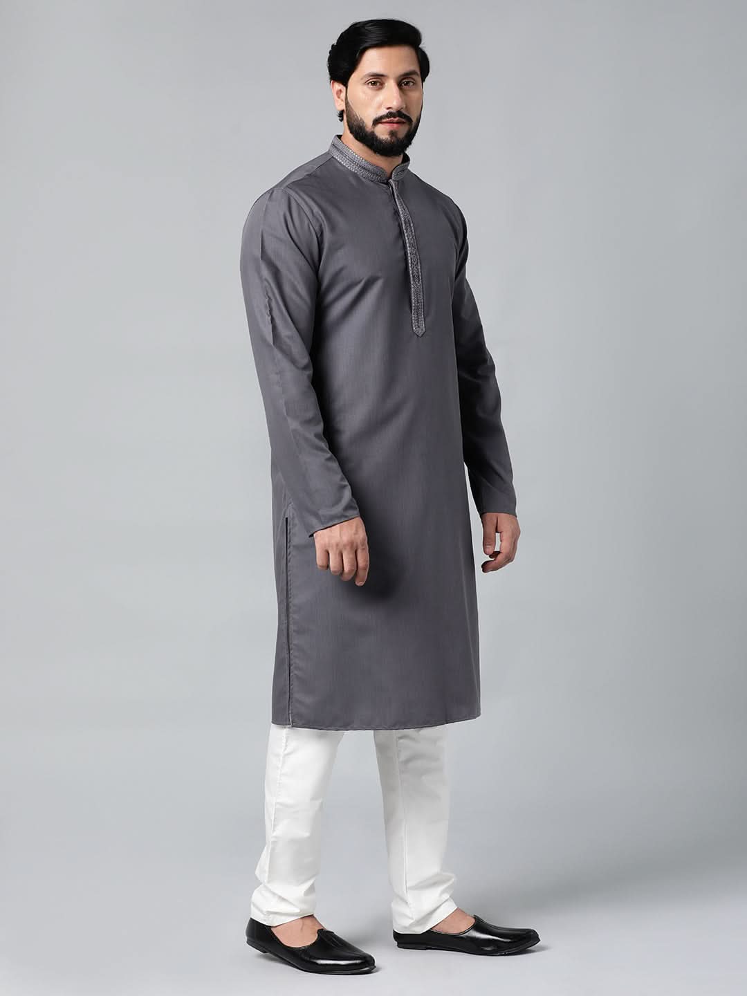 Grey Cotton Dori Embroidered Kurta Set
