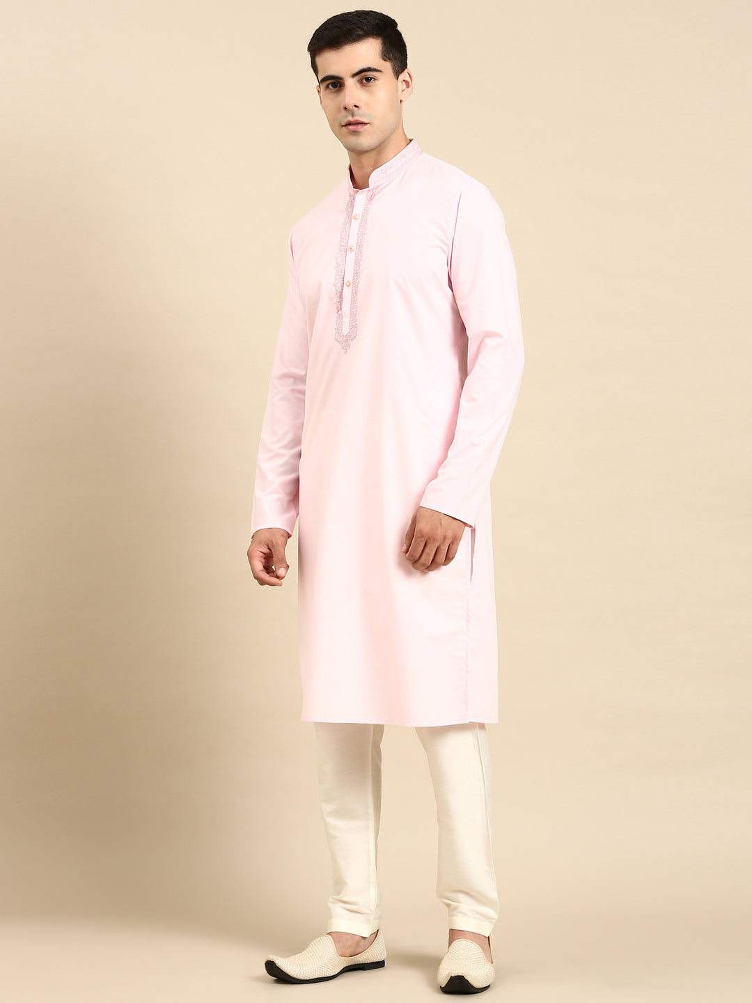 Baby Pink Cotton Dori Embroidered Kurta Set