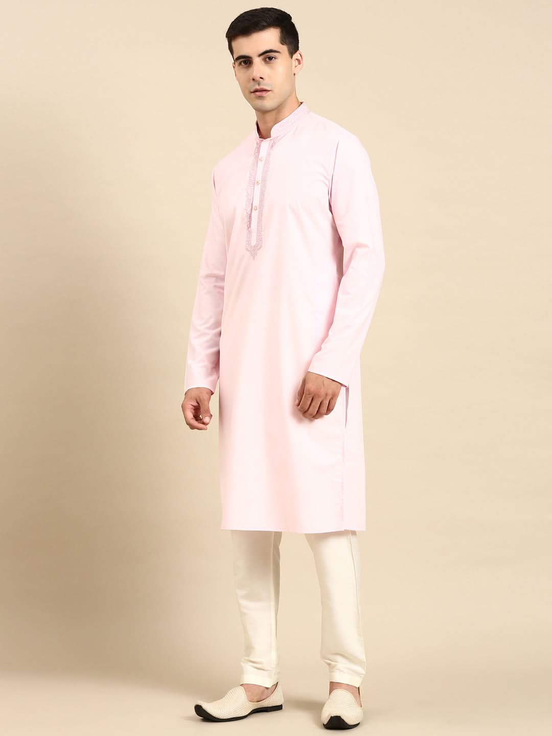 Baby Pink Cotton Dori Embroidered Kurta Set