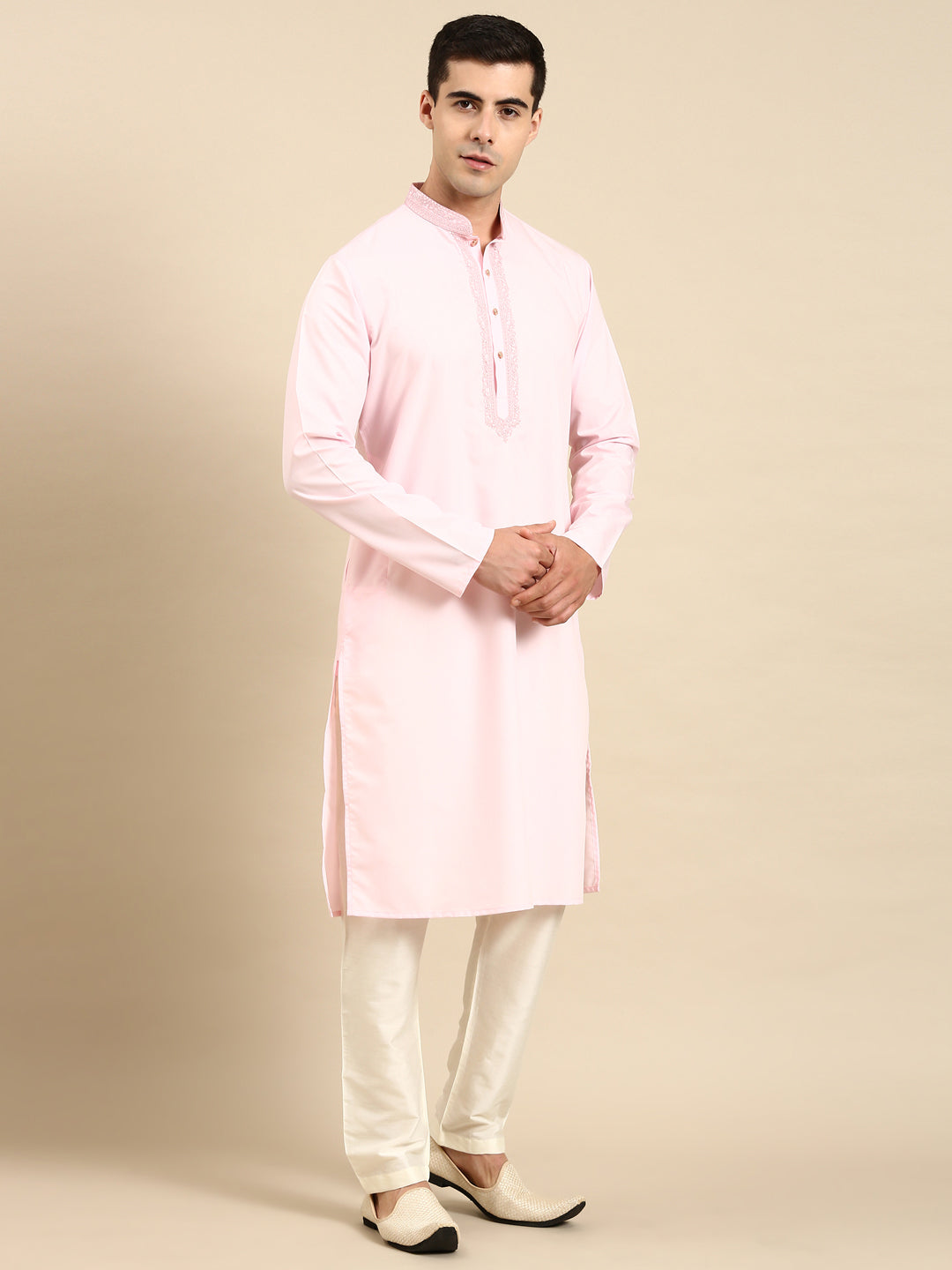 Baby Pink Cotton Dori Embroidered Kurta Set