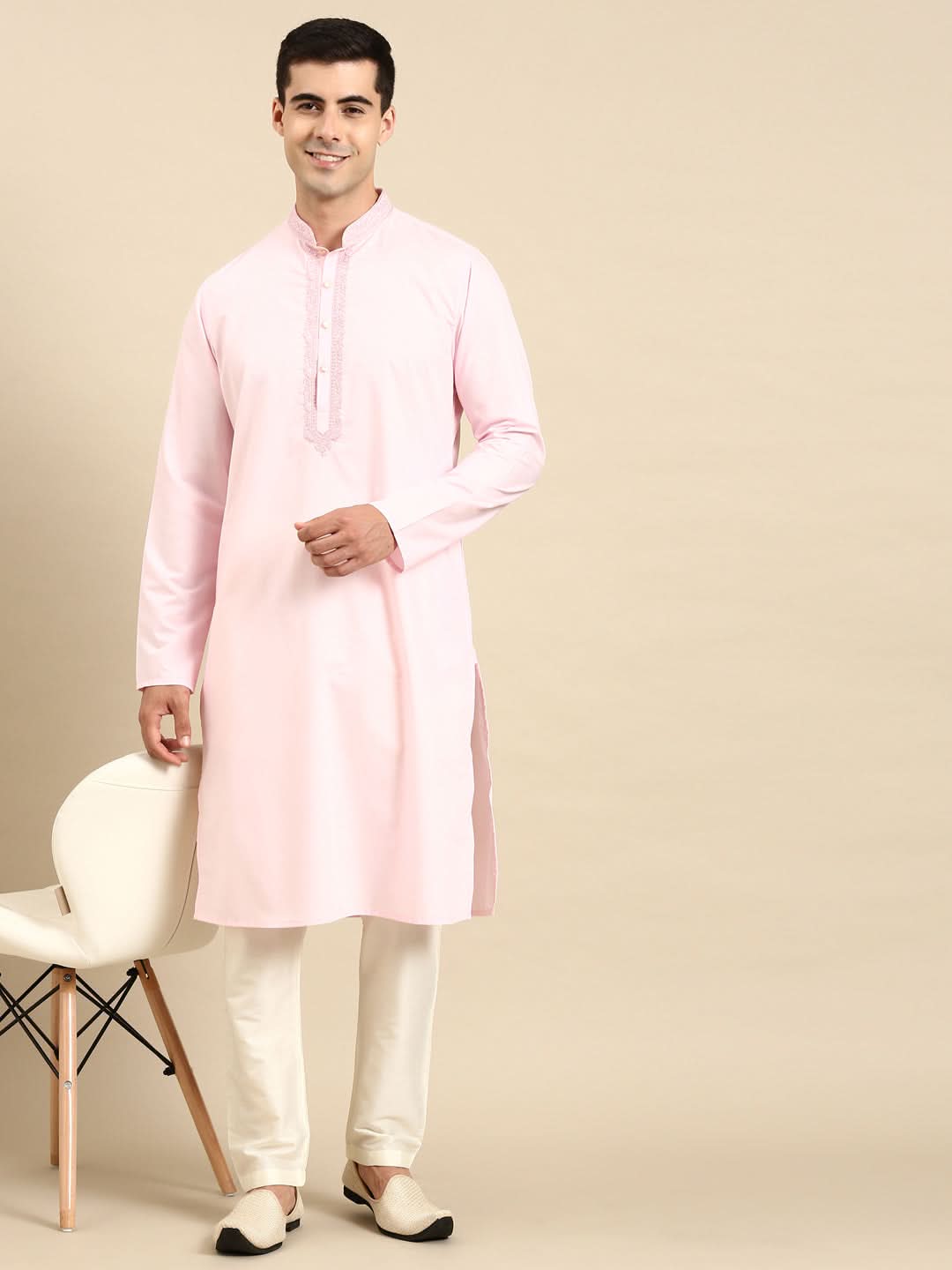 Baby Pink Cotton Dori Embroidered Kurta Set