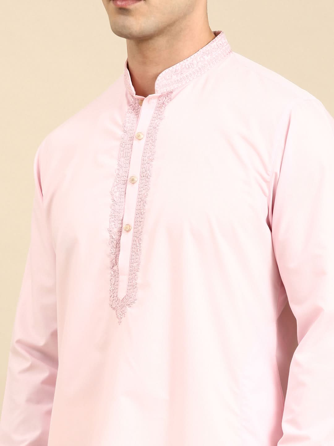 Baby Pink Cotton Dori Embroidered Kurta Set