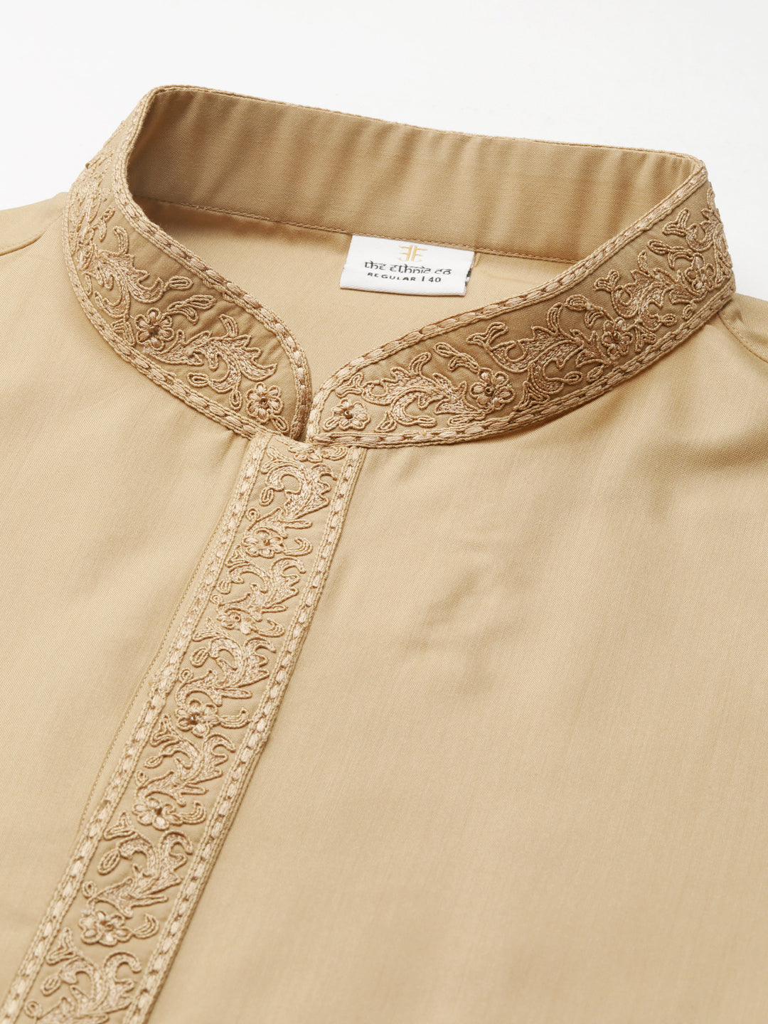 Beige Cotton Dori Embroidered Kurta Set