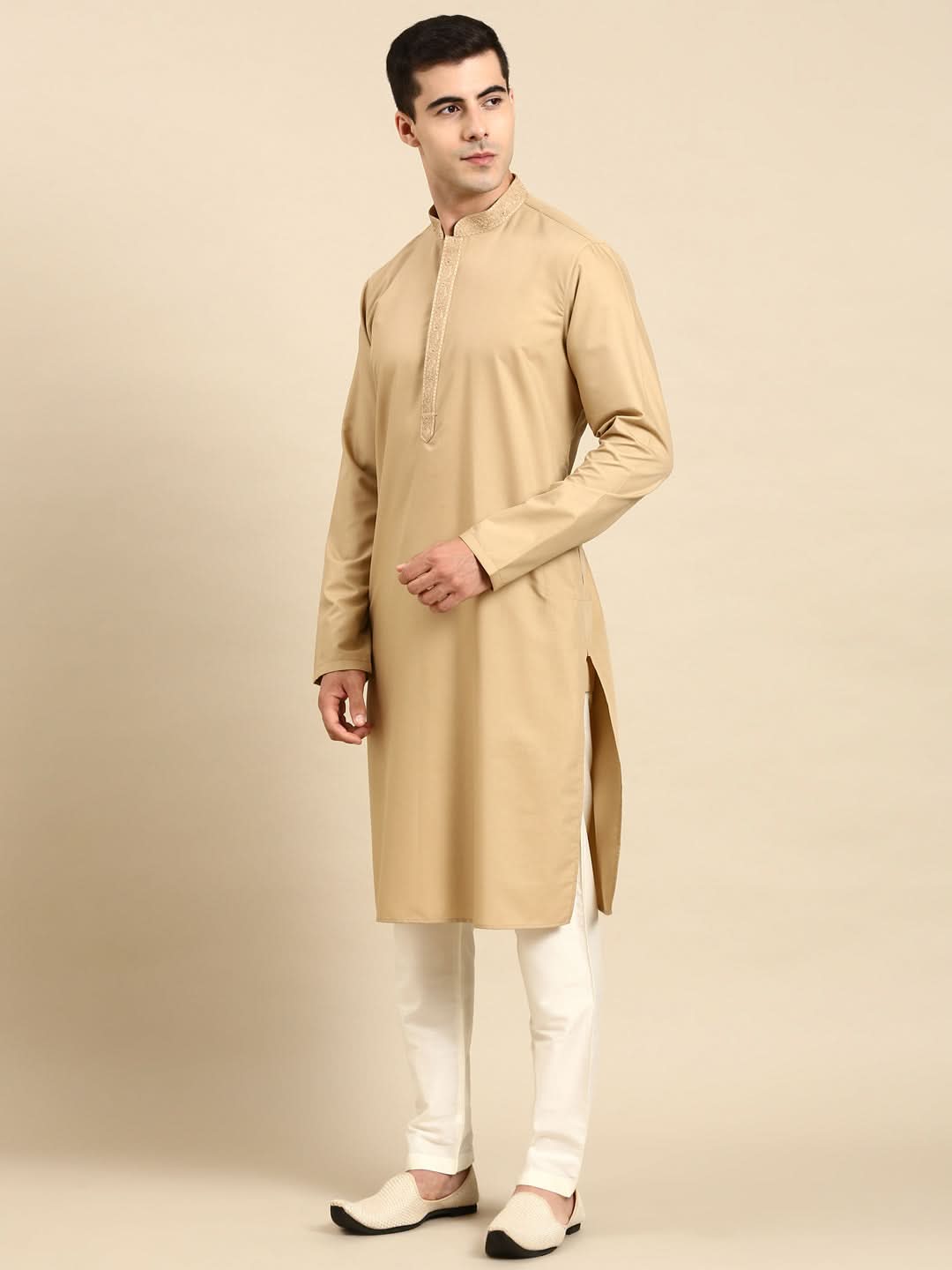 Beige Cotton Dori Embroidered Kurta Set