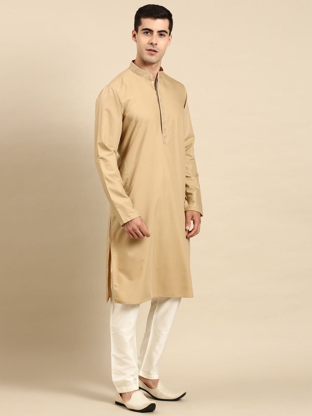 Beige Cotton Dori Embroidered Kurta Set