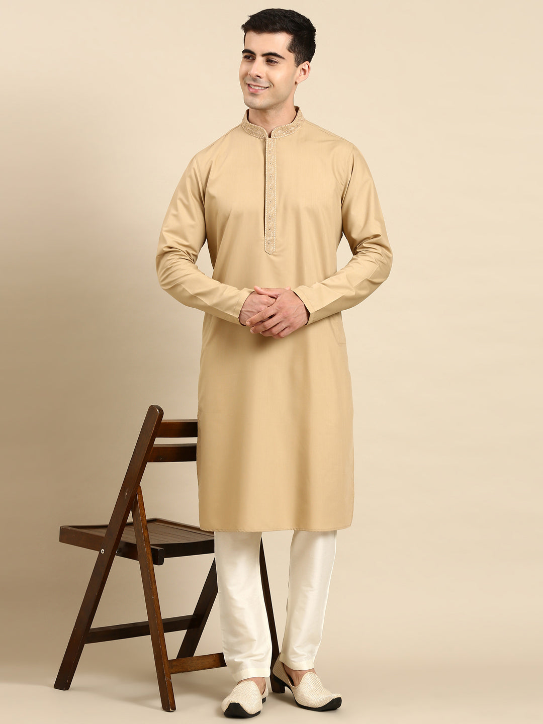 Beige Cotton Dori Embroidered Kurta Set
