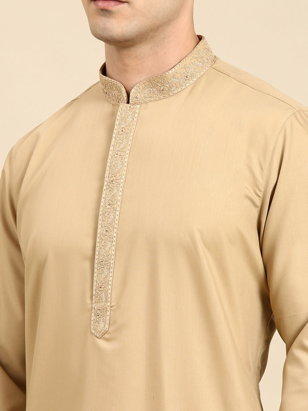 Beige Cotton Dori Embroidered Kurta Set