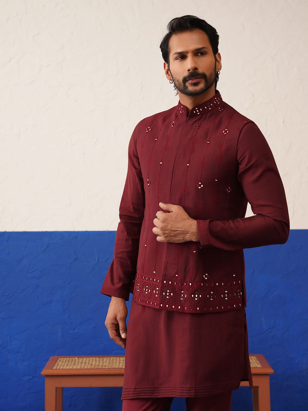 Maroon Mirror Embroidered Jacket Kurta Set