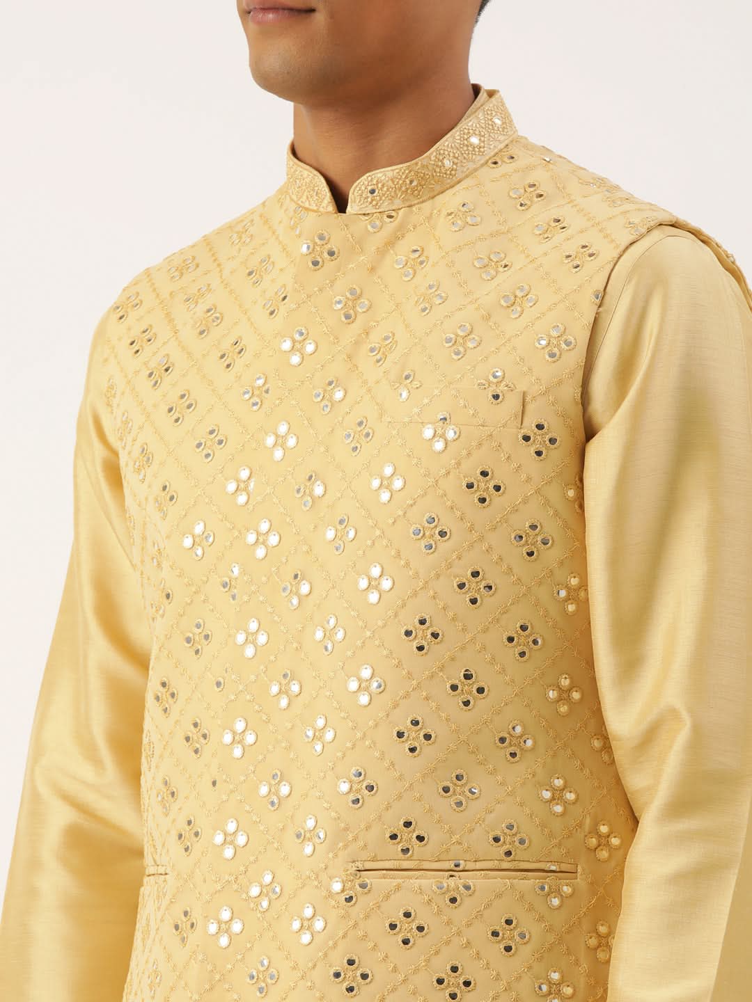 Beige Mirror Embroidered Jacket Kurta Set