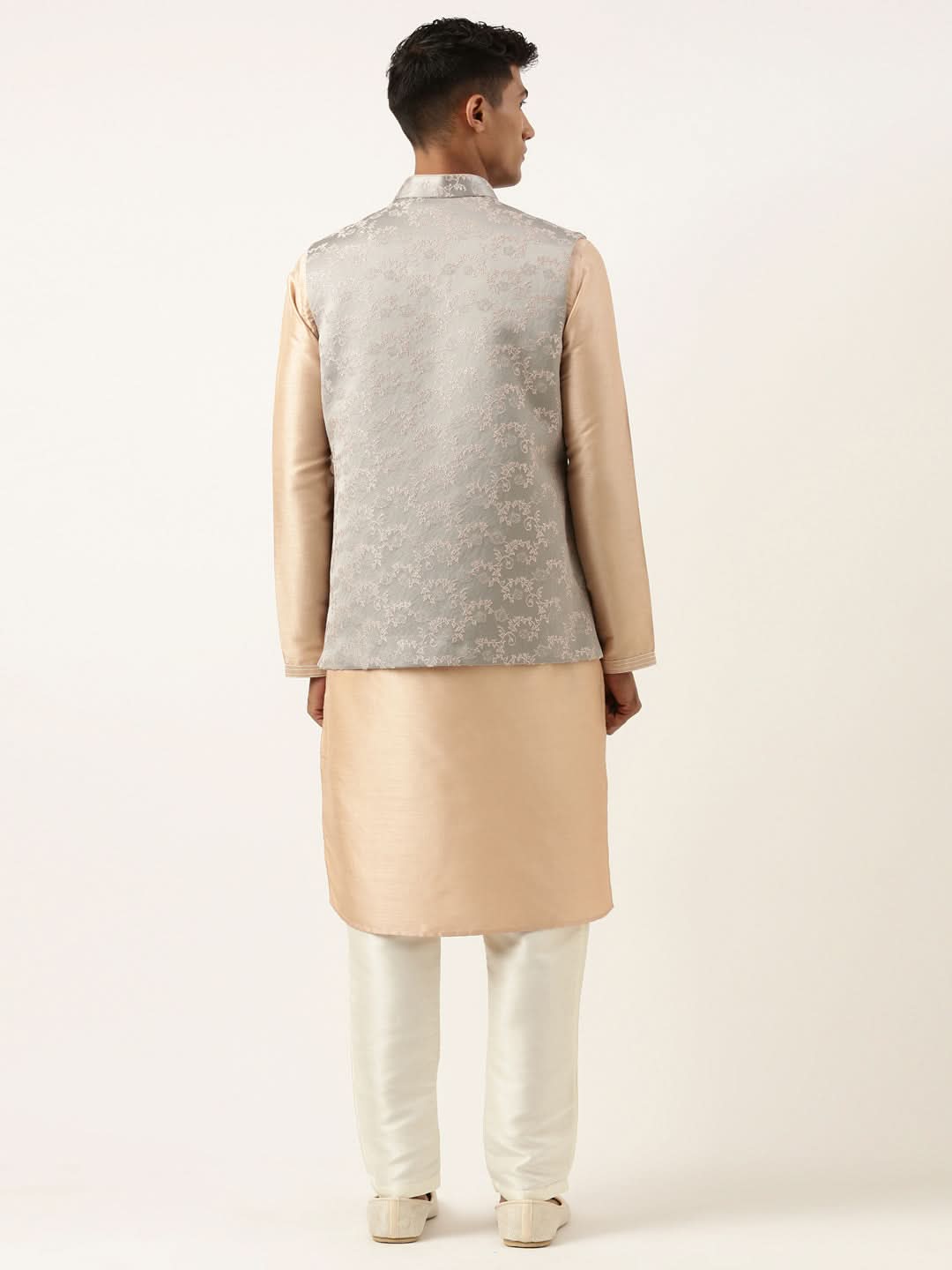 Grey Peach Jacquard Jacket Kurta Set