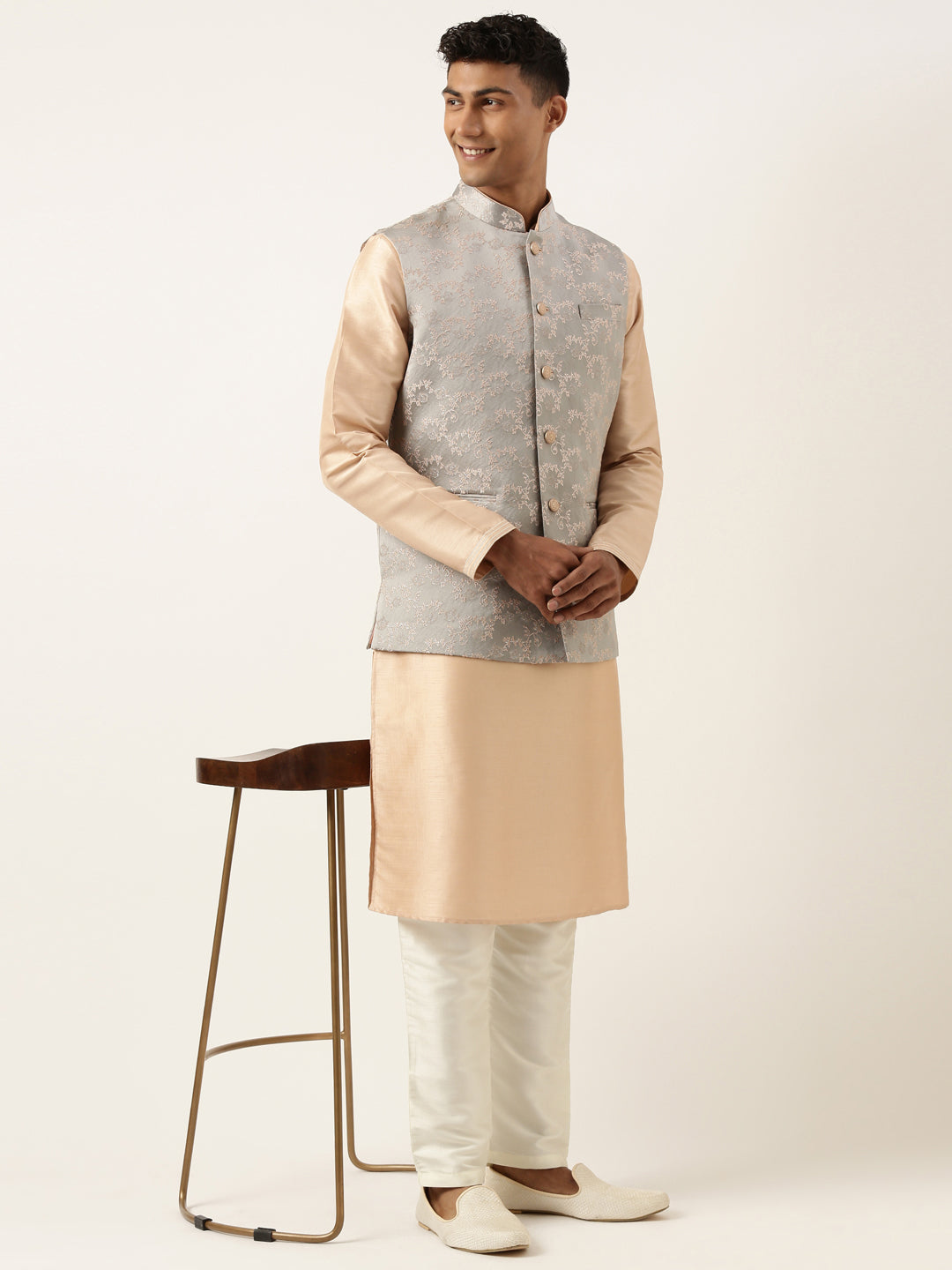 Grey Peach Jacquard Jacket Kurta Set