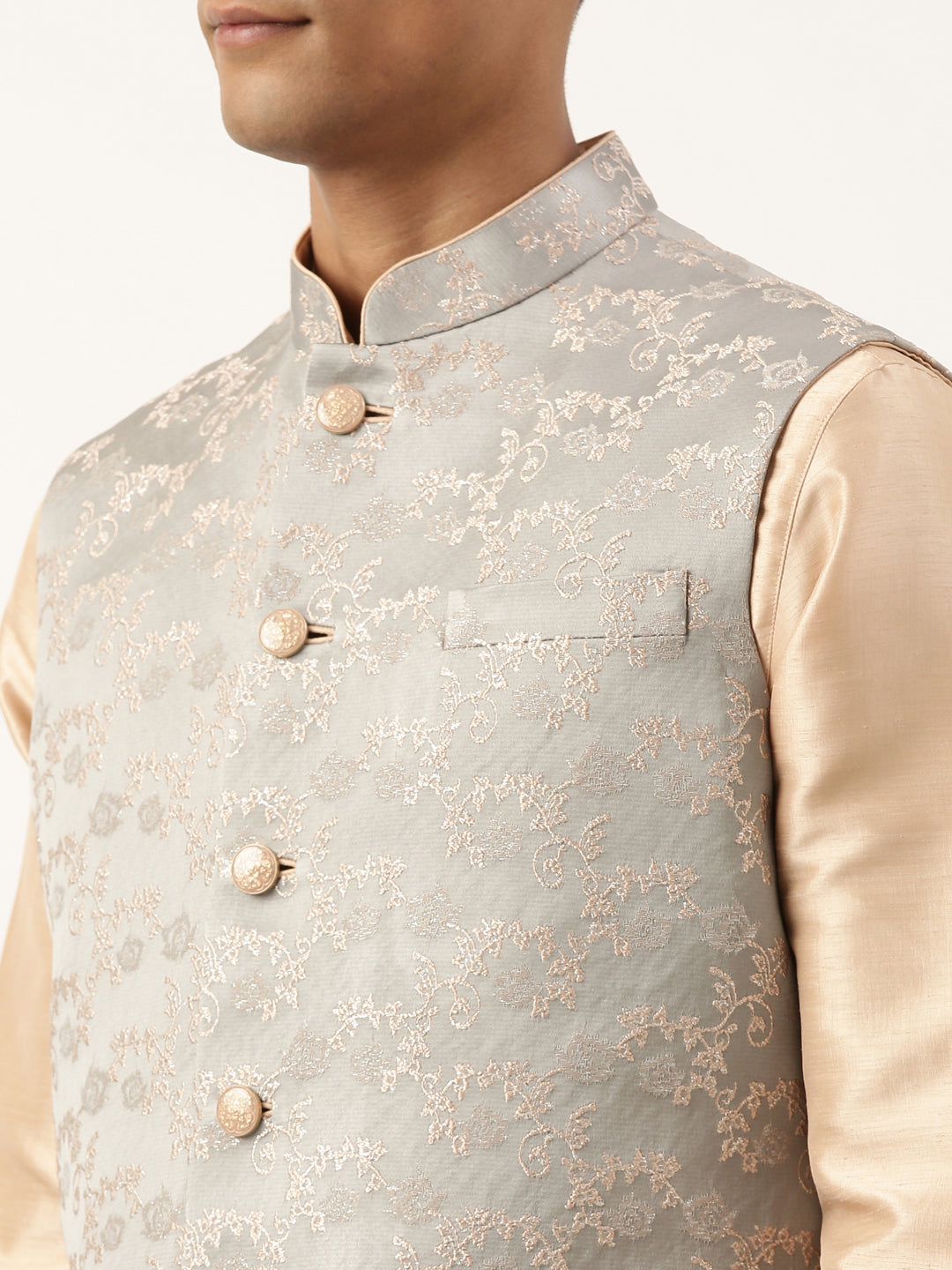Grey Peach Jacquard Jacket Kurta Set