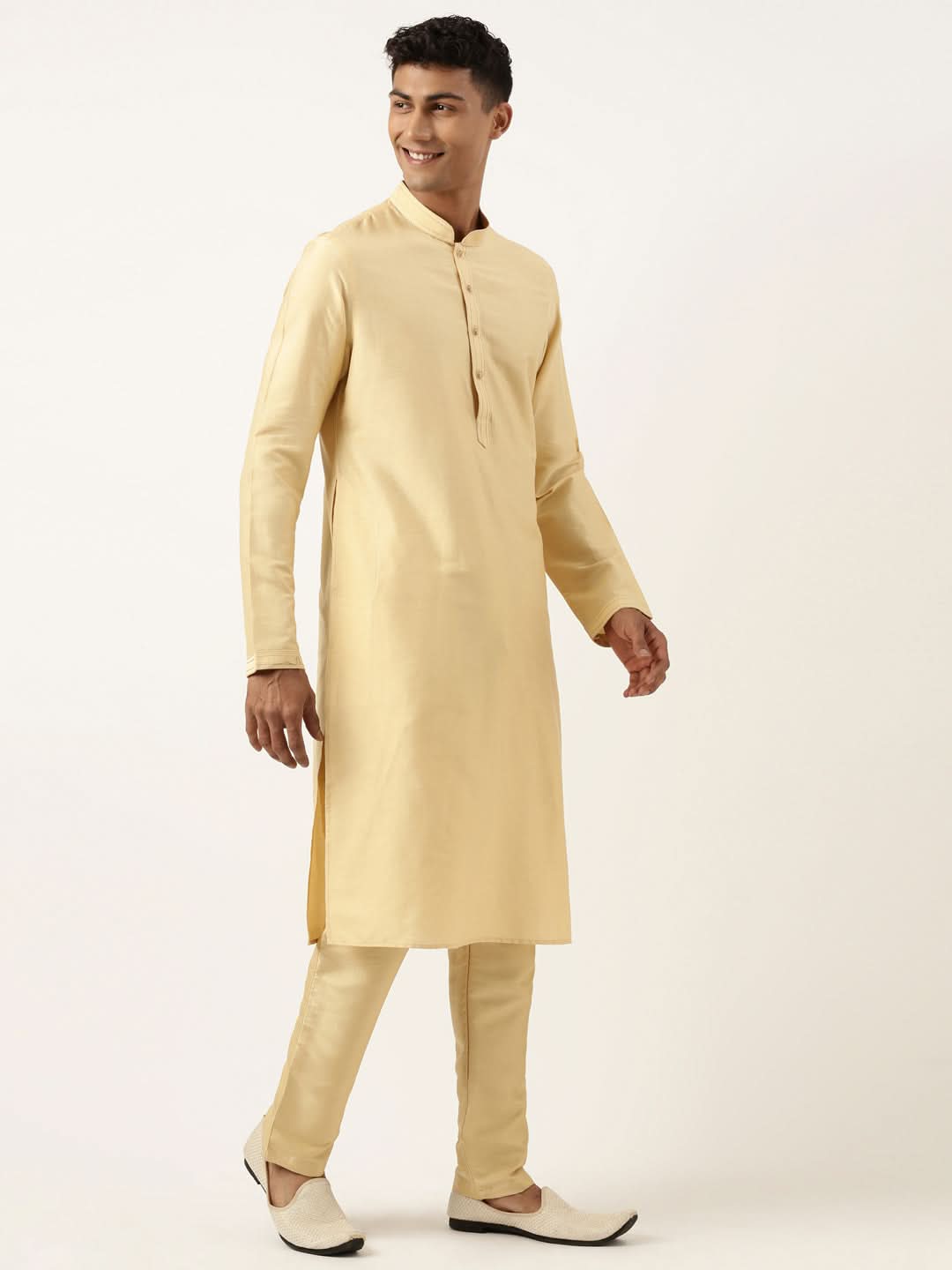 Beige Jacquard Jacket Kurta Set