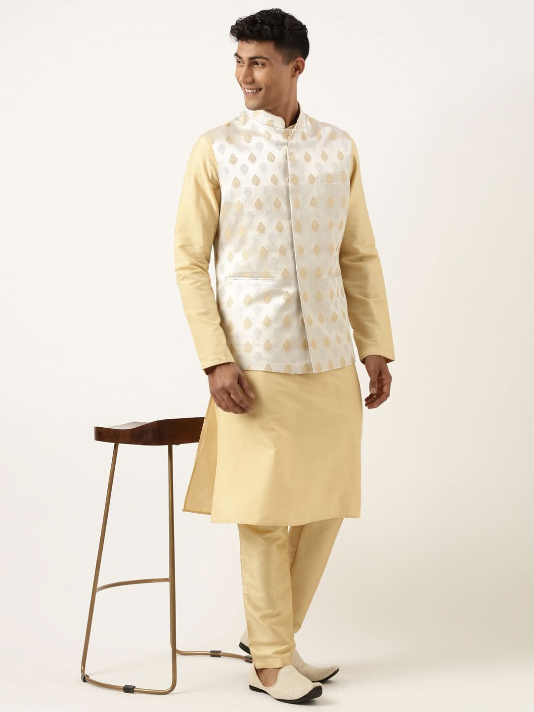 Beige Jacquard Jacket Kurta Set