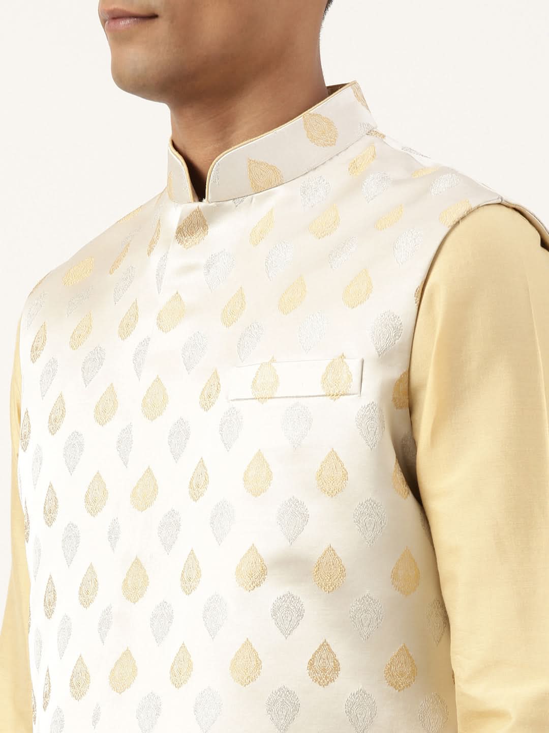 Beige Jacquard Jacket Kurta Set