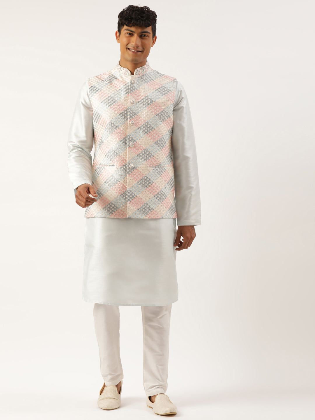 Cream Embroidered Jacket Kurta Set