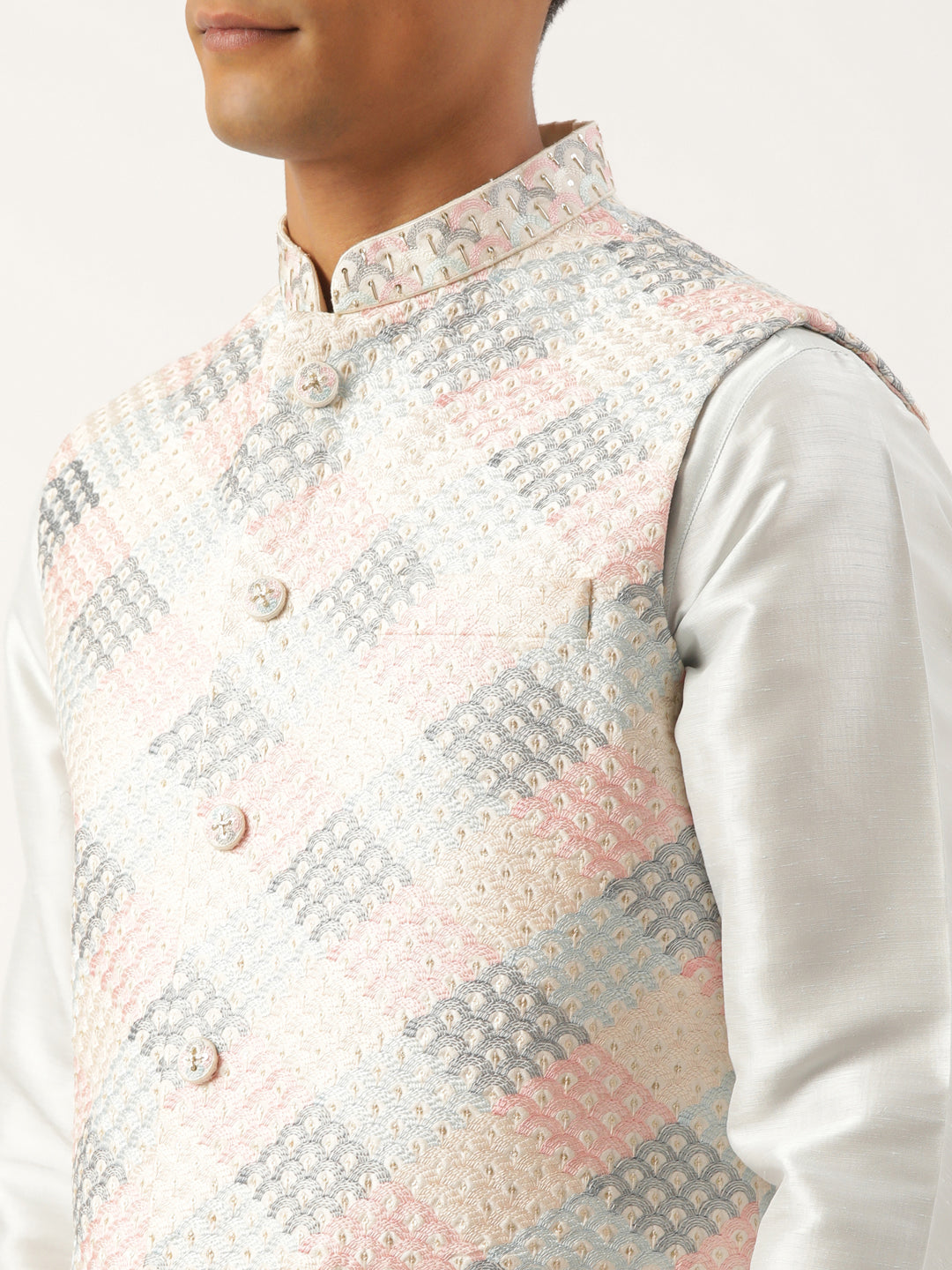 Cream Embroidered Jacket Kurta Set
