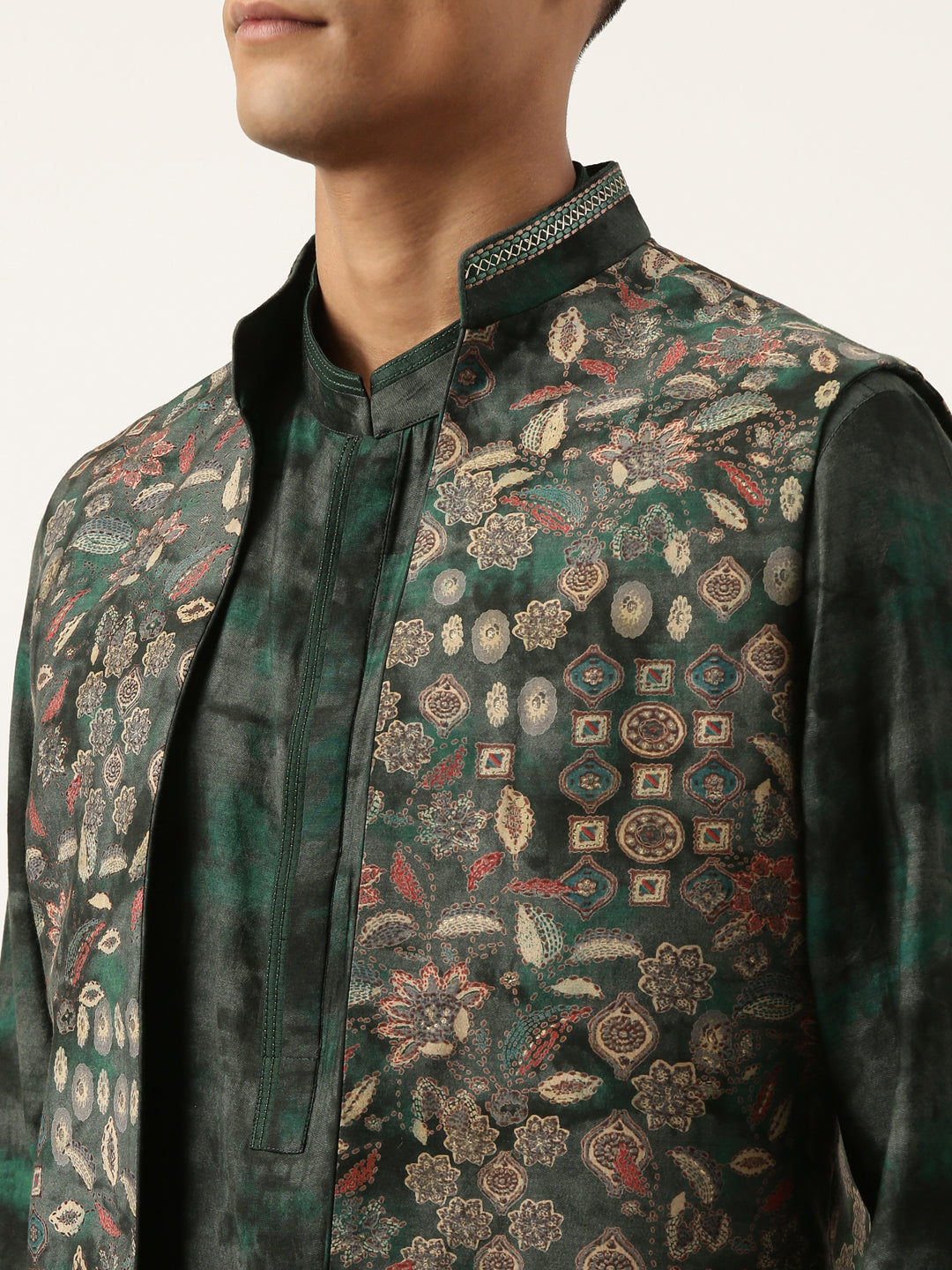 Green Printed Jacket Kurta Set