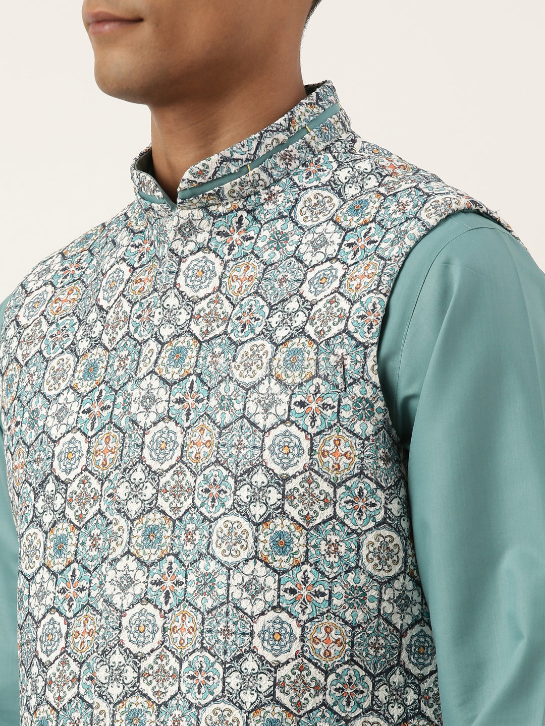 Cotton Printed Embroidered Jacket Kurta Set