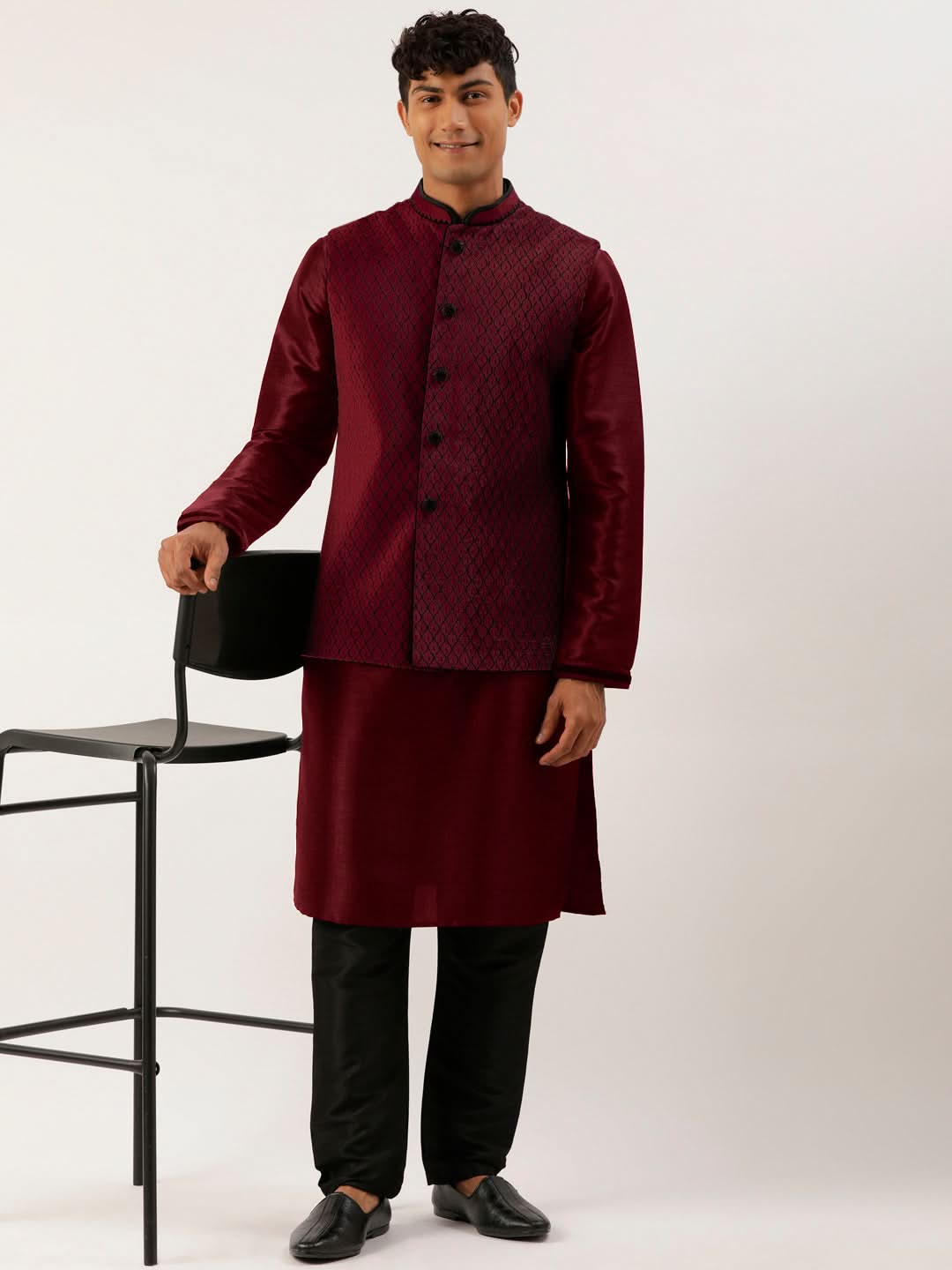 Maroon Embroidered Jacket Kurta Set