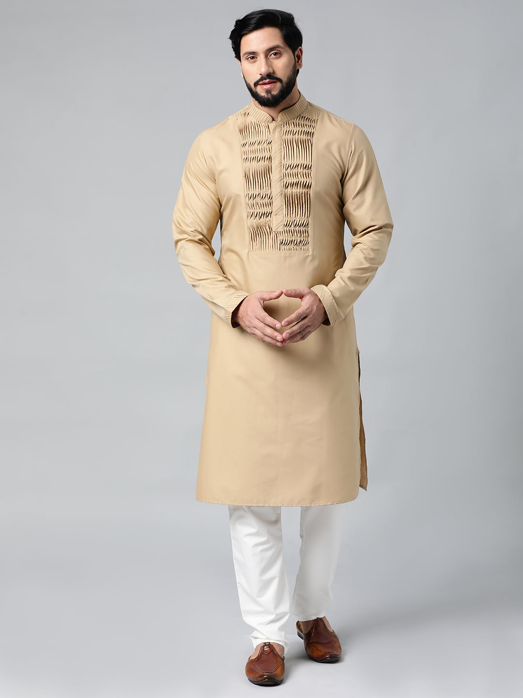Beige Cotton Shell Tucks Embroidered Cotton Kurta Set
