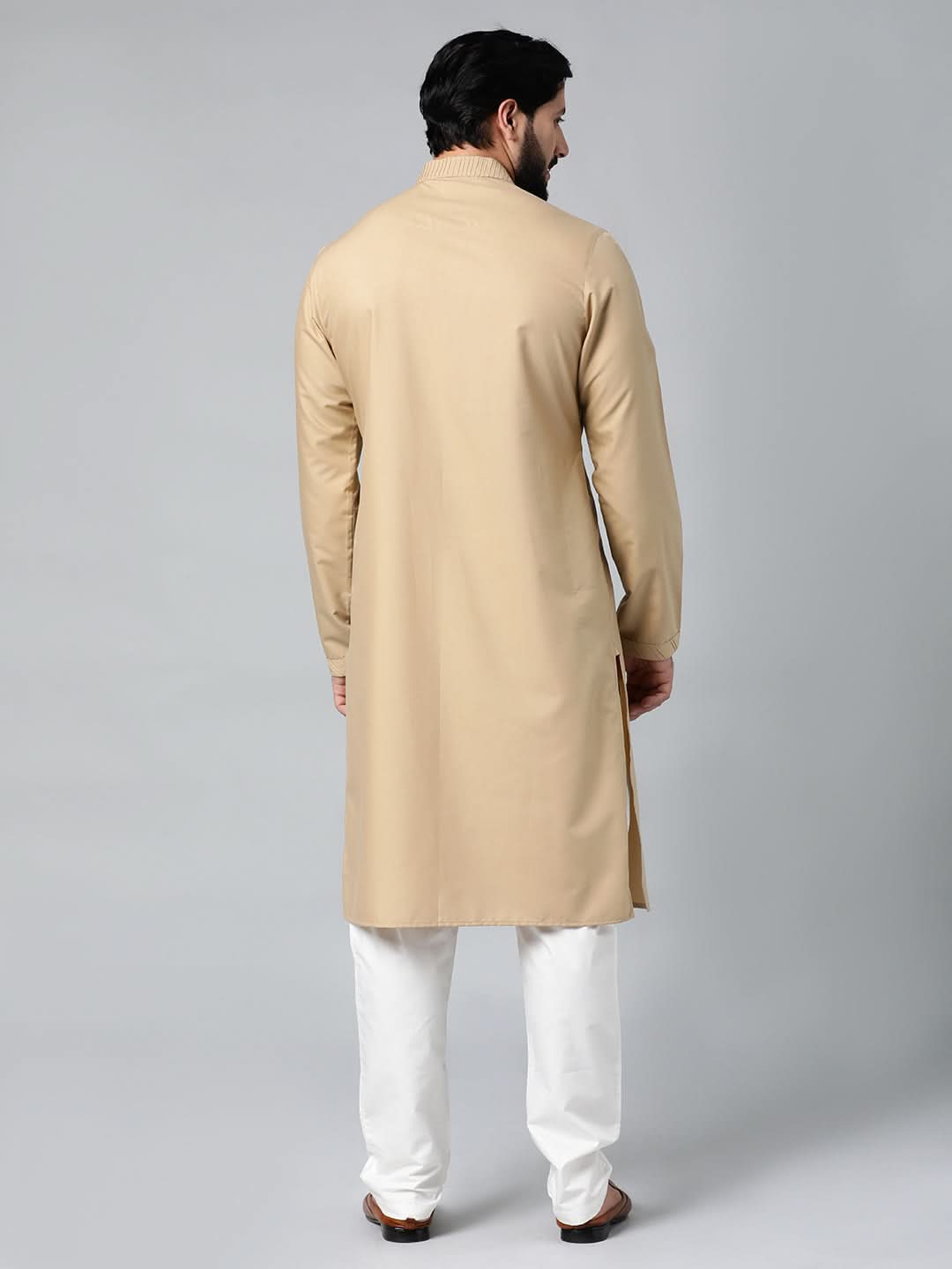 Beige Cotton Shell Tucks Embroidered Cotton Kurta Set