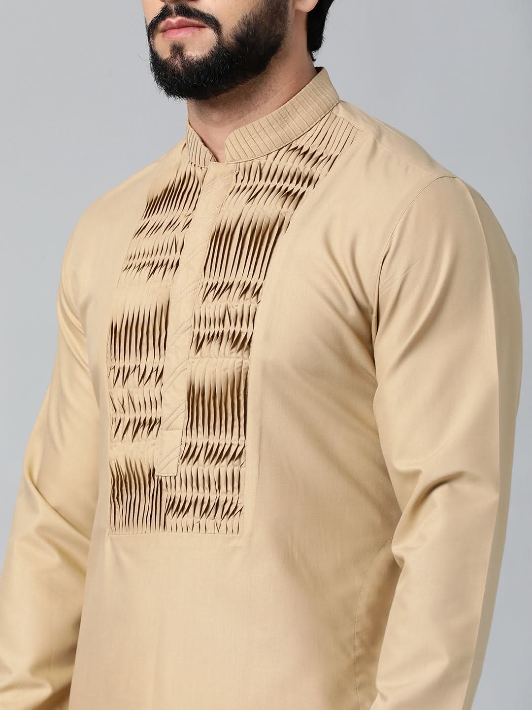 Beige Cotton Shell Tucks Embroidered Cotton Kurta Set