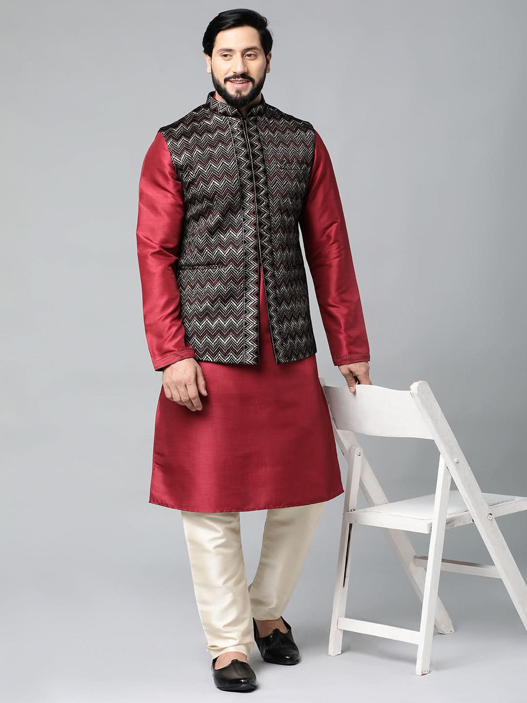 Black Velvet Embroidered Jacket Kurta Set