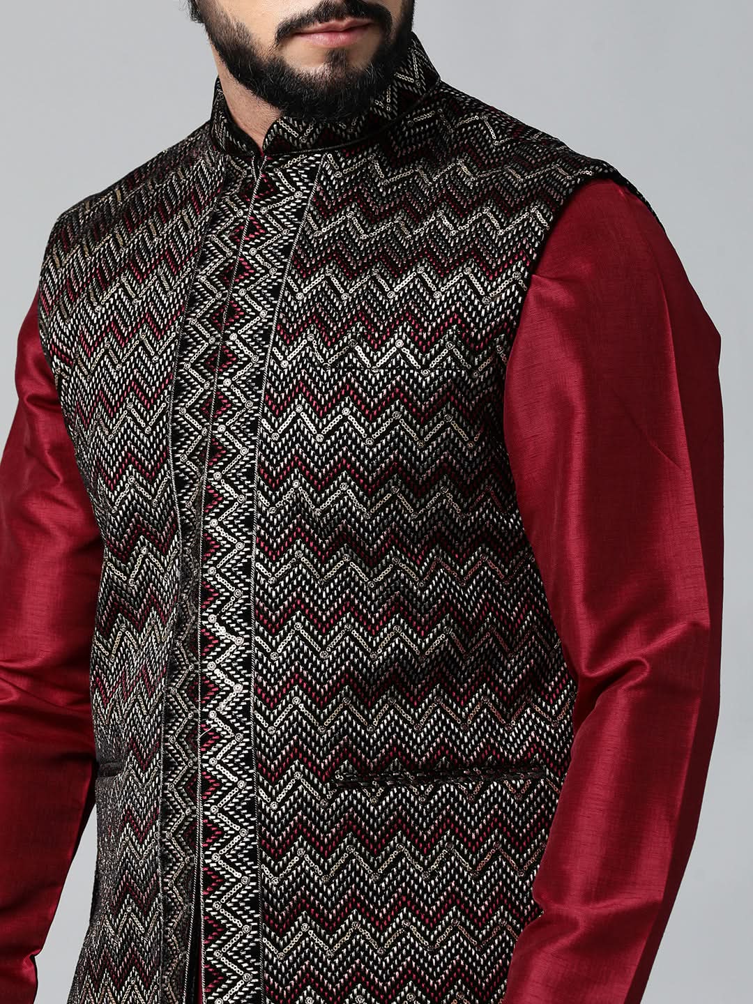 Black Velvet Embroidered Jacket Kurta Set