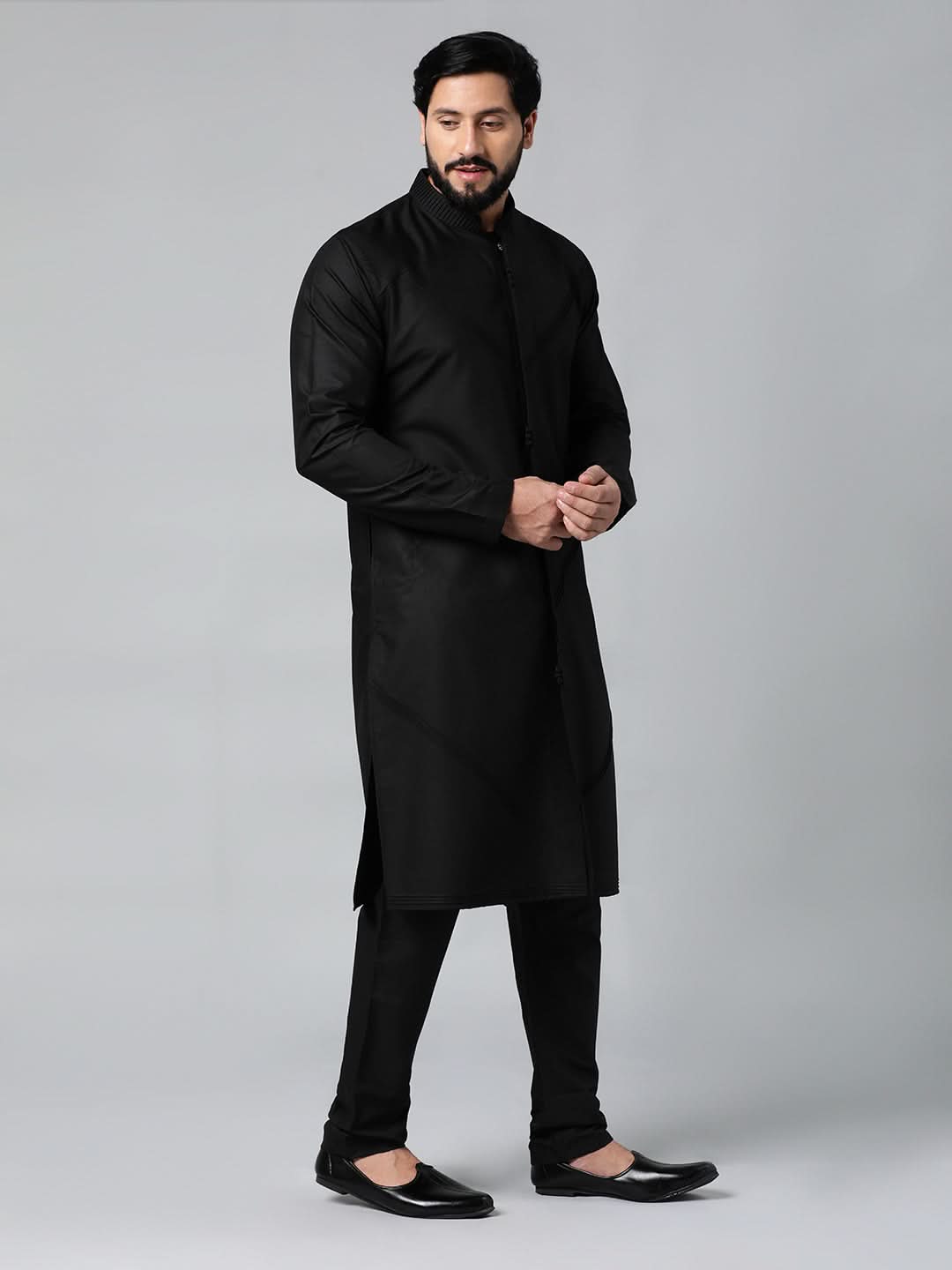 Black Pleated Cotton Kurta Set