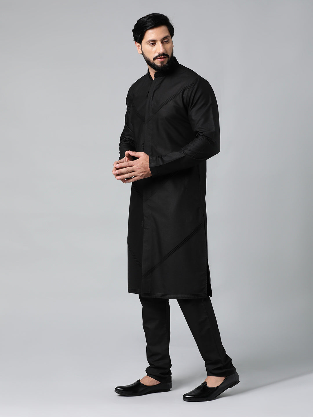 Black Pleated Cotton Kurta Set