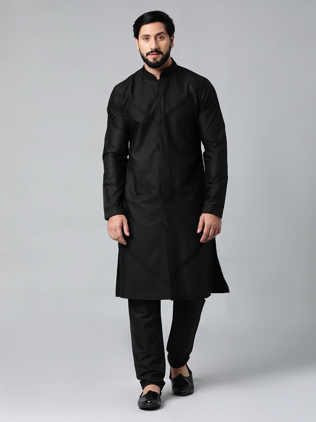 Black Pleated Cotton Kurta Set