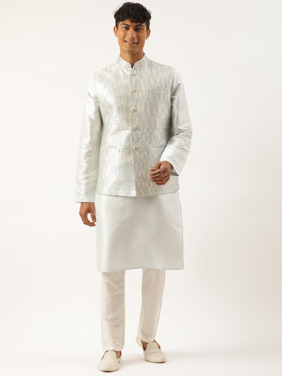 Sky Blue Sequin Embroidered Jacket Kurta Set