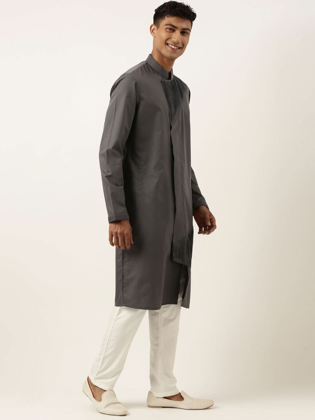 Grey Pleated Cotton Kurta Set
