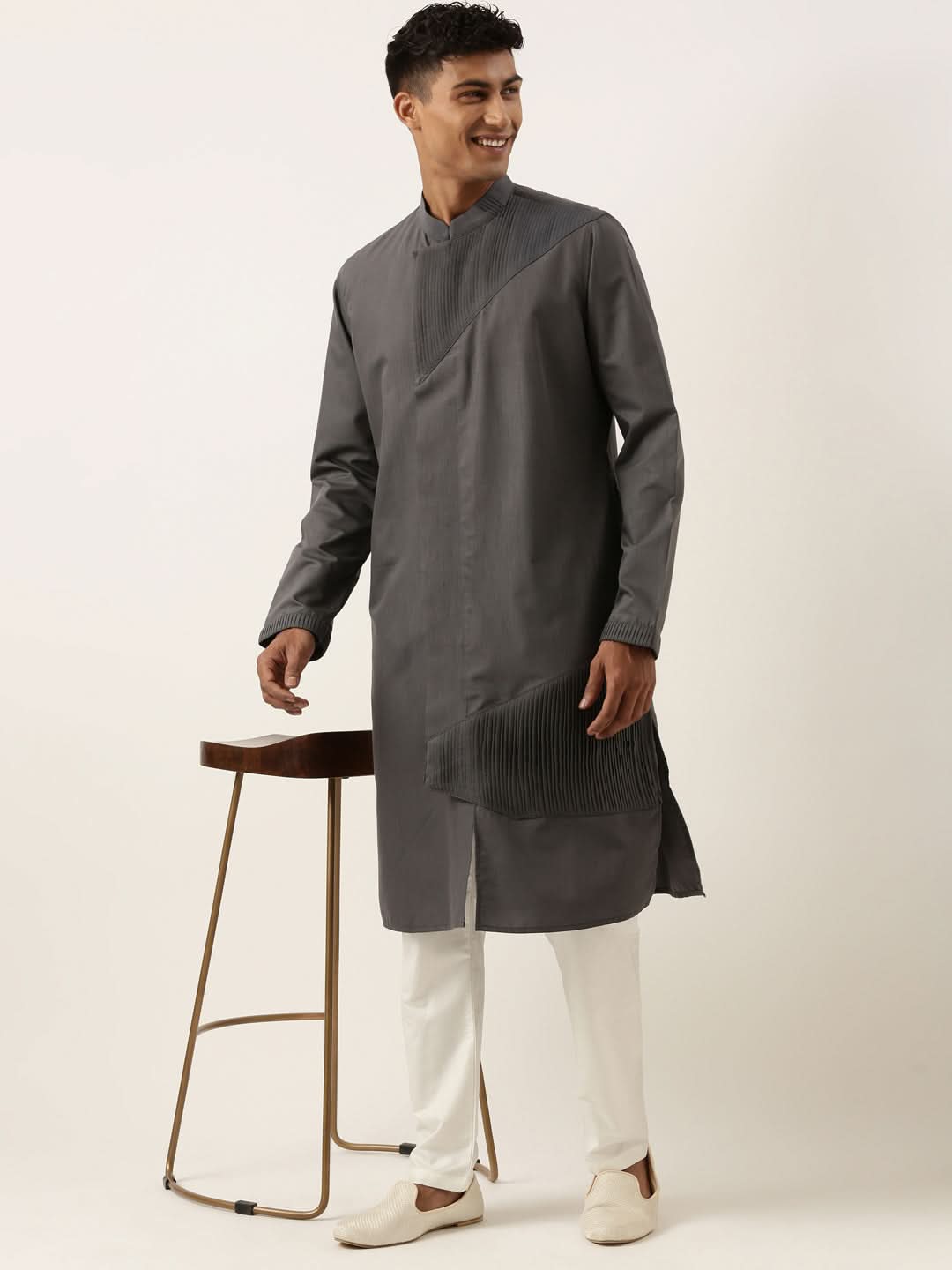 Grey Pleated Cotton Kurta Set