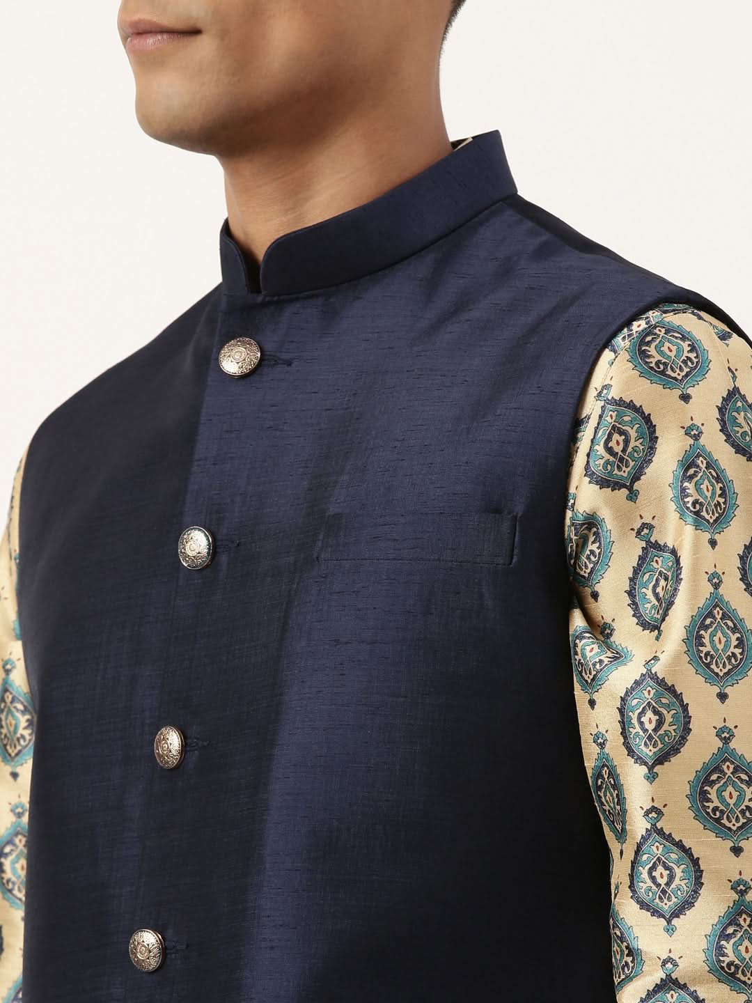 Navy Silk Jacket With Printed Kurta Set
