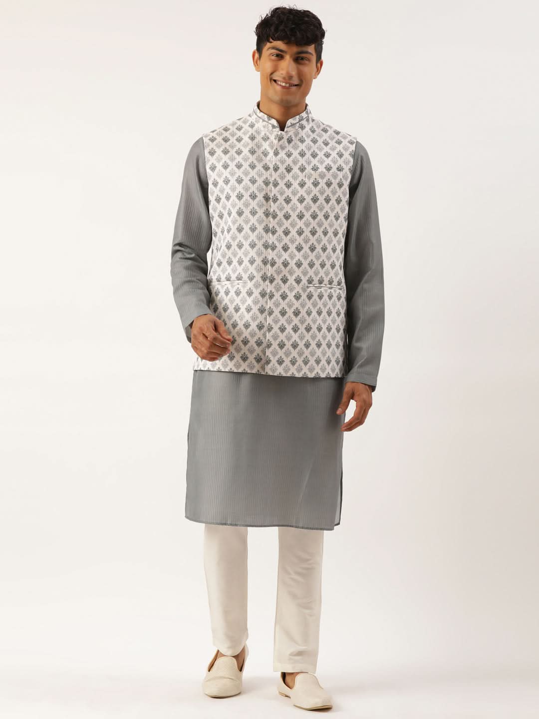 Grey Printed Jacket Kurta Set