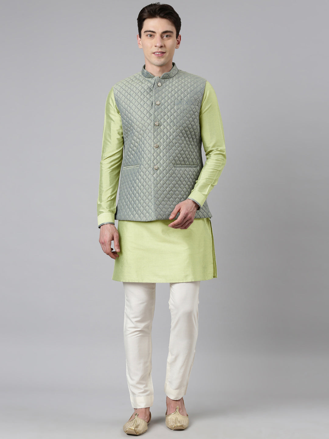 Lime Green Blue Jacquard Quilted Jacket With Short Kurta