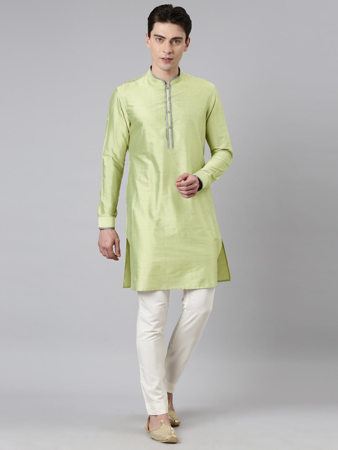 Lime Green Blue Jacquard Quilted Jacket With Short Kurta