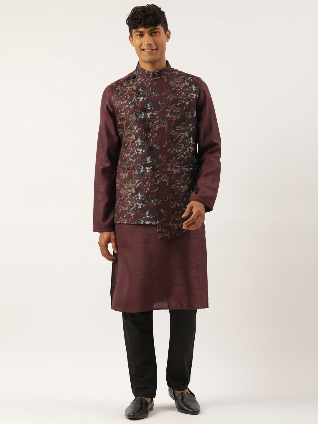 Wine Printed Cotton Jacket Kurta Set
